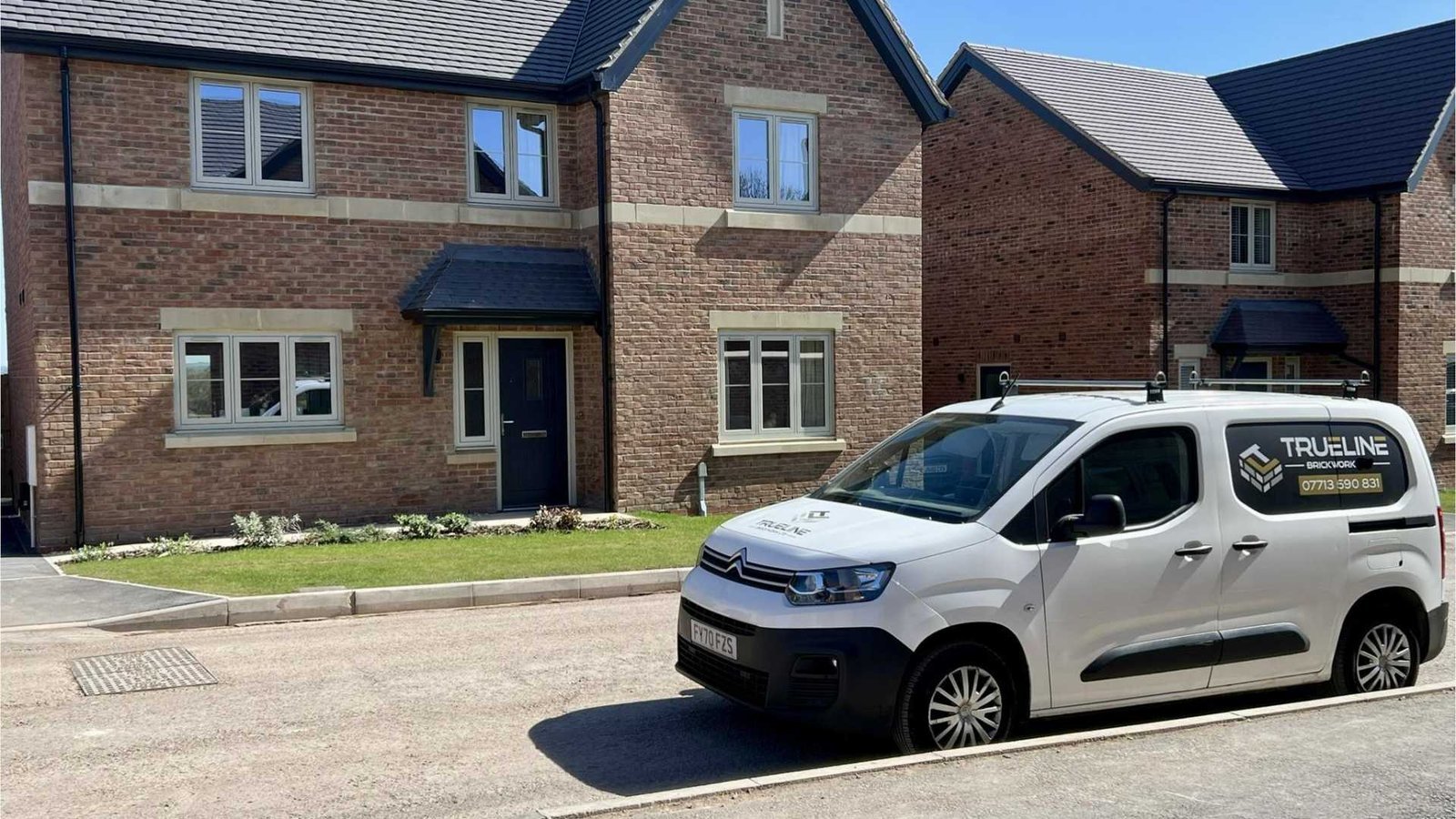 TrueLine Brickwork van outside a completed Stockport brickwork project